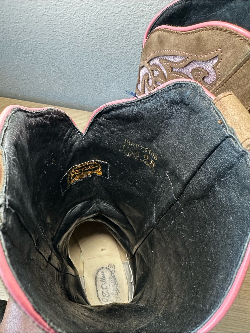 J.B. Dillon Brown Leather Western Boots with Pink Inlay - Picture 5 of 5